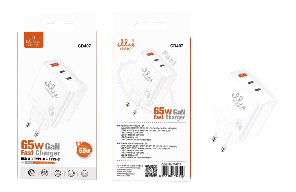 CARGADOR PARED GAN PD65W USB A+C+C