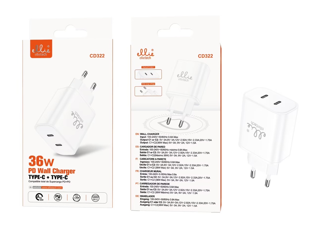CARGADOR PARED RÁPIDO 2 PTOS C 36W 5V-3.1A