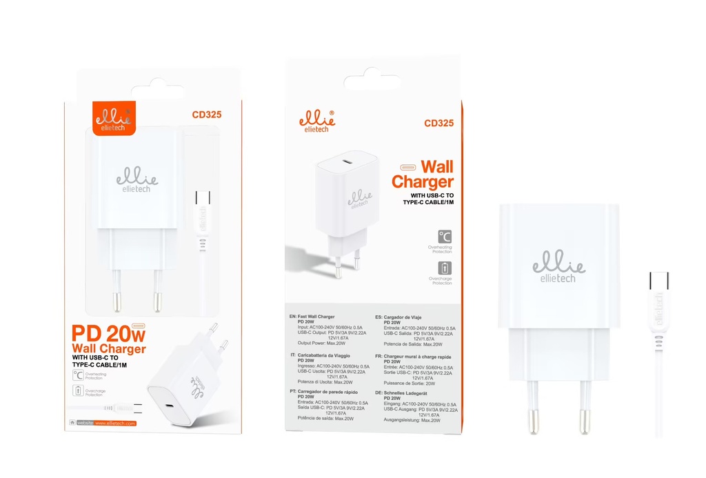 CARGADOR PARED RÁPIDO PTO C A CABLE TIPO C  PD20W